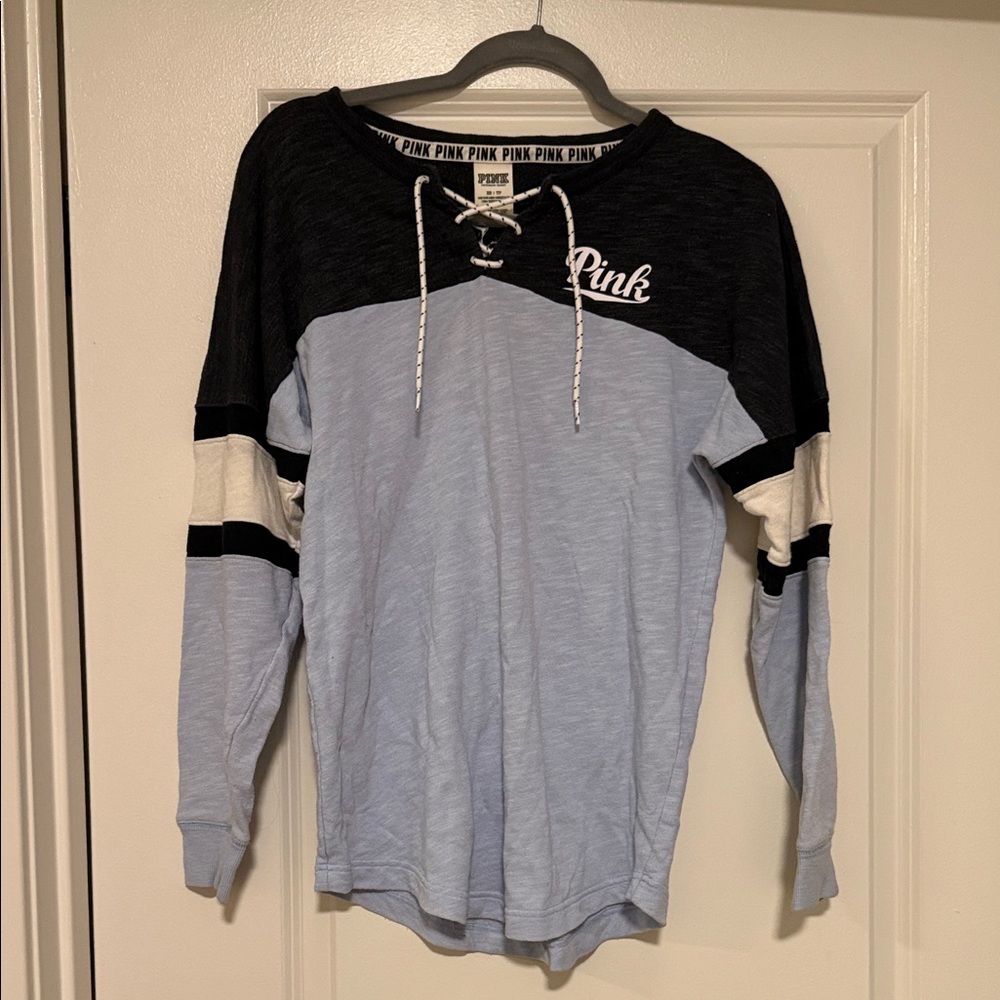 PINK Victoria's Secret Black and Light Blue Crew Neck Sweater